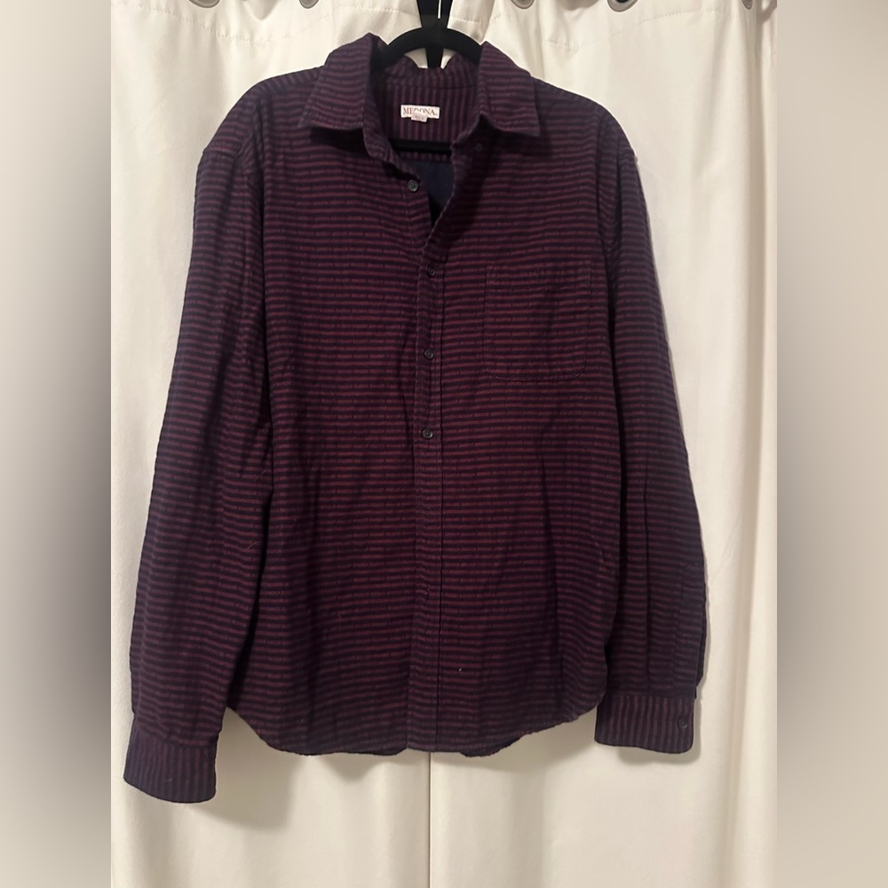 Merona Red Navy Blue Striped Cotton Long Sleeve Button Down Flannel Size XL